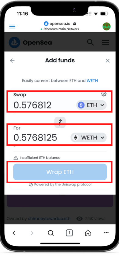 ⑧交換したい金額（イーサリアム）を入力後、「Wrap ETH」を押す。